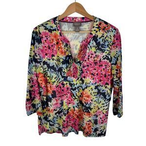 Chicos Abstract Floral Tunic Top Size 2 Large Multicolor V-Neck Stretch Colorful
